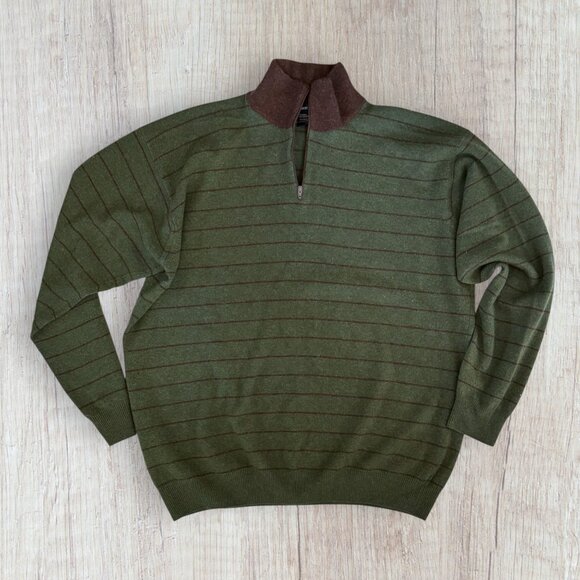 Bergdorf Goodman Wool Cashmere Quarter Zip Sweater Green Brown Striped L - Picture 5 of 5